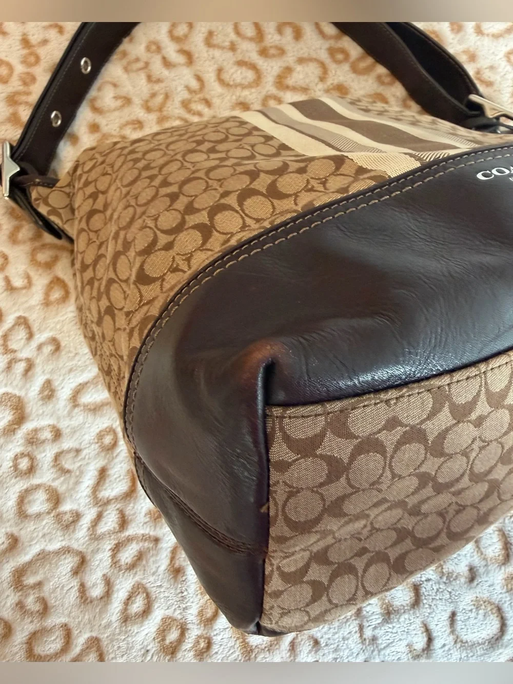 Coach Legacy Brown Beige Hobo Signature C  Leather Trim Bag